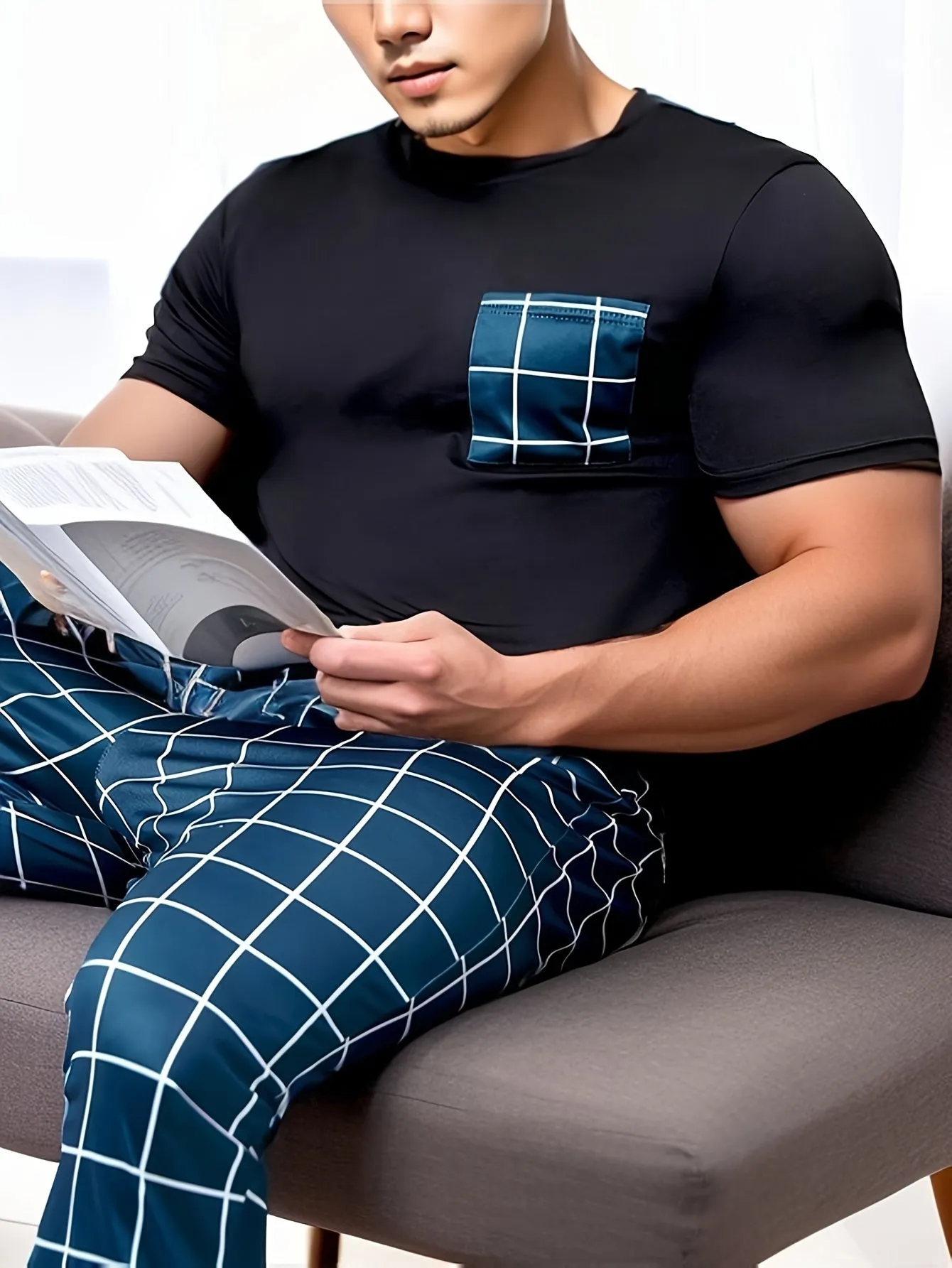 2 Pcs Mens Plaid Pocket Crew Neck Pajama Sets - Ultra Comfortable, Skin-Friendly, Medium Stretch, Asymmetrical Design, Polyester & Elastane Blend, Casual Loungewear for Cozy Nights - Perfect for All Seasons