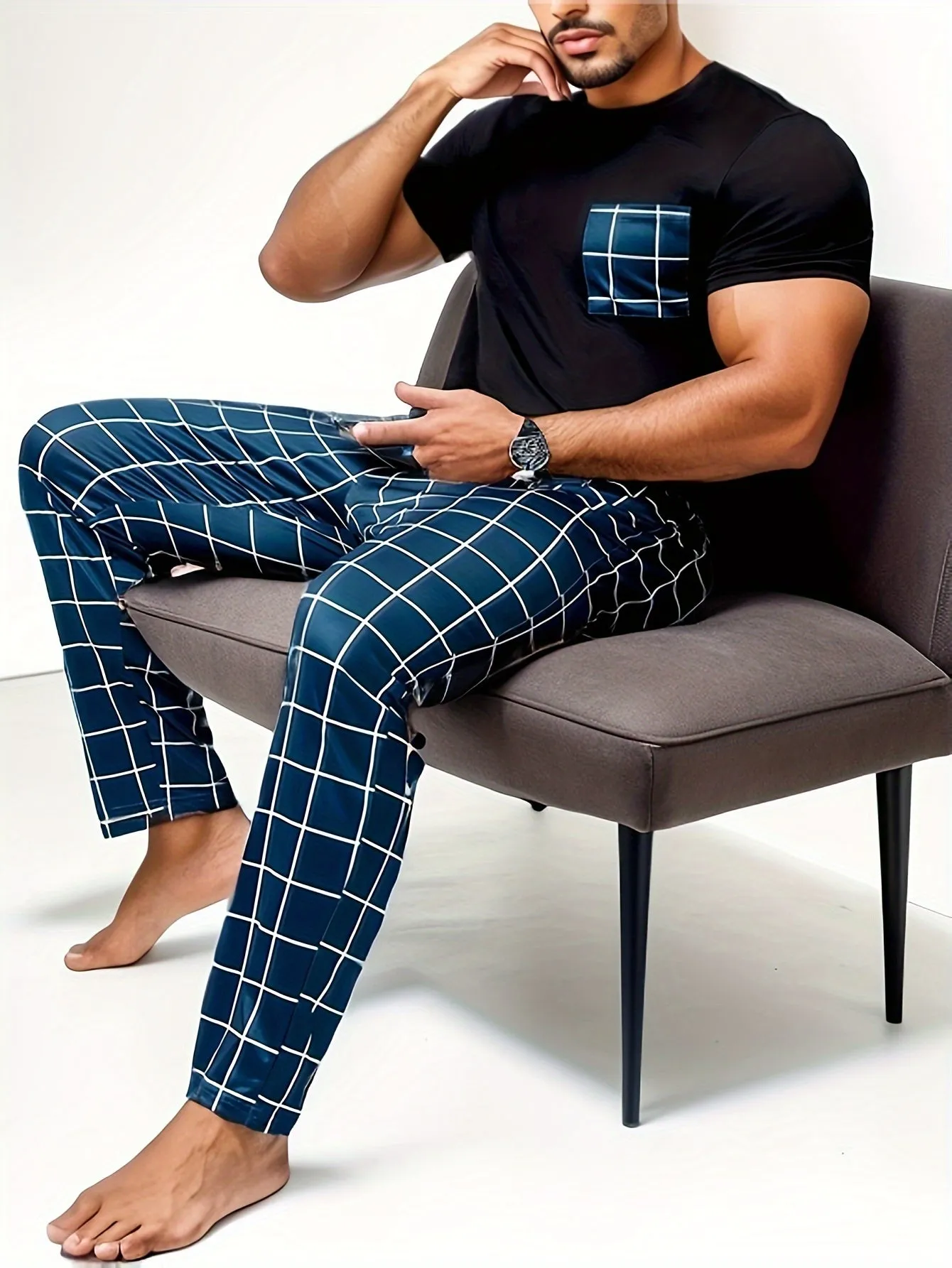 2 Pcs Mens Plaid Pocket Crew Neck Pajama Sets - Ultra Comfortable, Skin-Friendly, Medium Stretch, Asymmetrical Design, Polyester & Elastane Blend, Casual Loungewear for Cozy Nights - Perfect for All Seasons