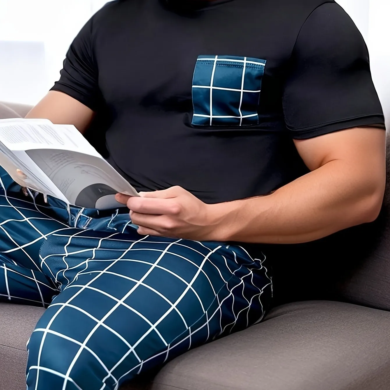 2 Pcs Mens Plaid Pocket Crew Neck Pajama Sets - Ultra Comfortable, Skin-Friendly, Medium Stretch, Asymmetrical Design, Polyester & Elastane Blend, Casual Loungewear for Cozy Nights - Perfect for All Seasons