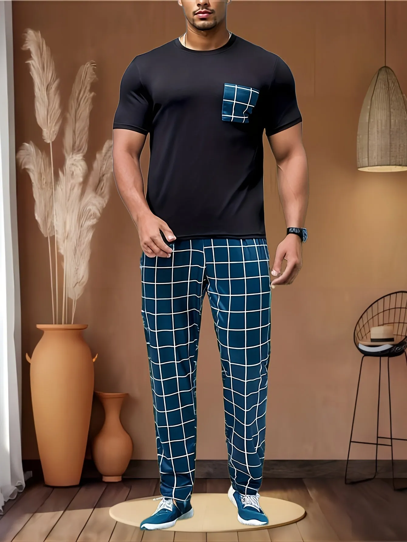 2 Pcs Mens Plaid Pocket Crew Neck Pajama Sets - Ultra Comfortable, Skin-Friendly, Medium Stretch, Asymmetrical Design, Polyester & Elastane Blend, Casual Loungewear for Cozy Nights - Perfect for All Seasons
