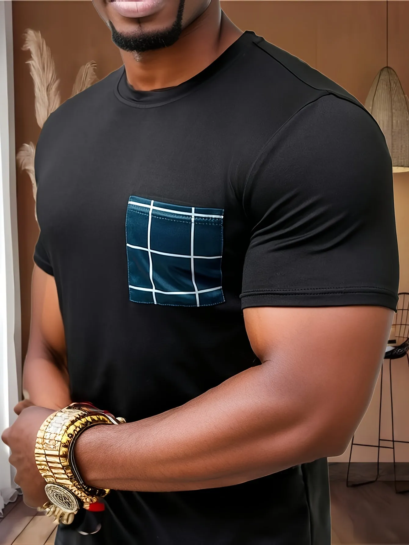 2 Pcs Mens Plaid Pocket Crew Neck Pajama Sets - Ultra Comfortable, Skin-Friendly, Medium Stretch, Asymmetrical Design, Polyester & Elastane Blend, Casual Loungewear for Cozy Nights - Perfect for All Seasons