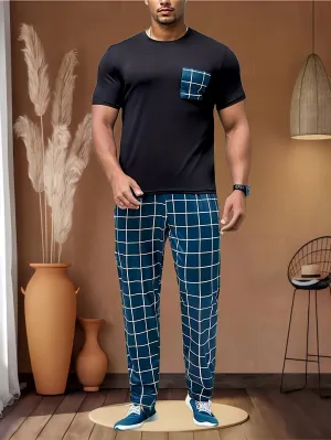 2 Pcs Mens Plaid Pocket Crew Neck Pajama Sets - Ultra Comfortable, Skin-Friendly, Medium Stretch, Asymmetrical Design, Polyester & Elastane Blend, Casual Loungewear for Cozy Nights - Perfect for All Seasons