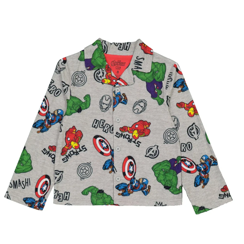 Avengers Boys Pajama Set, Long Sleeve Coat-Style Top and Pants 2PC PJ Outfit, 4-10, Gray