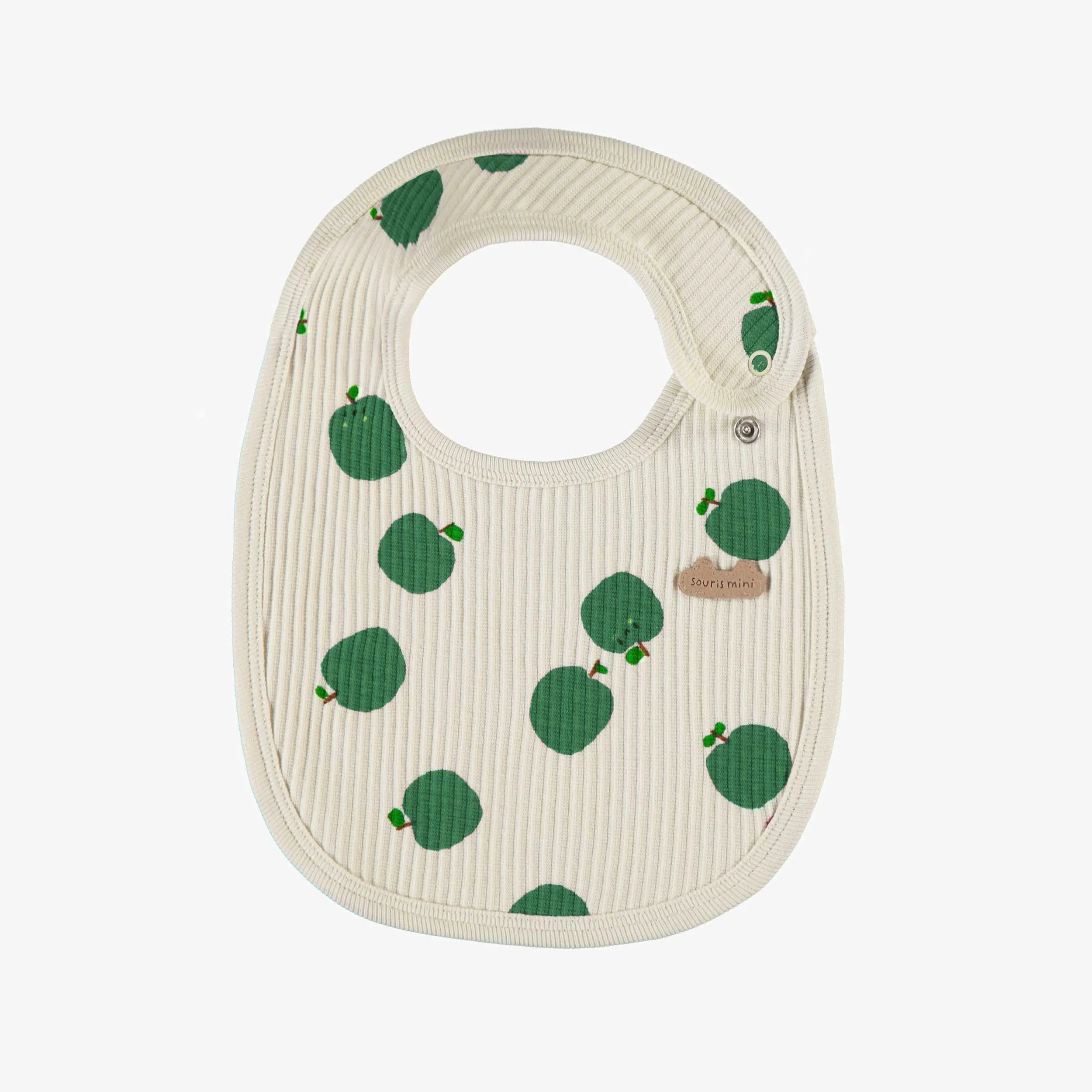 Bavoir crème avec pommes vertes en tricot côtelé, naissance || Cream bib with green apples in ribbed knit, newborn