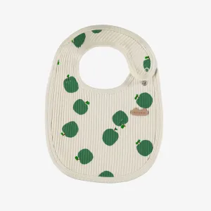 Bavoir crème avec pommes vertes en tricot côtelé, naissance || Cream bib with green apples in ribbed knit, newborn