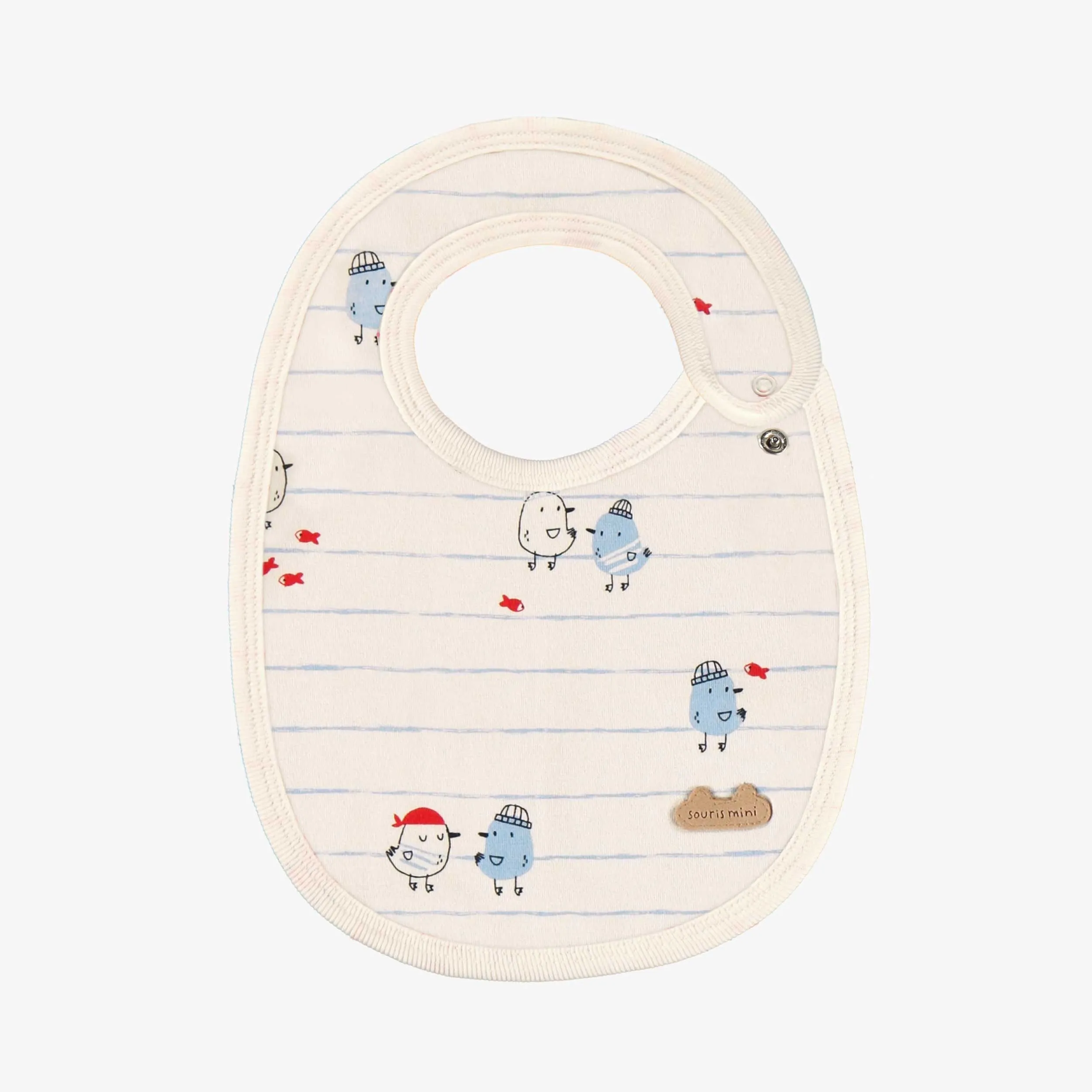 Bavoir crème à rayures bleues et motifs, naissance || Cream bib with blue stripes and all over print, newborn