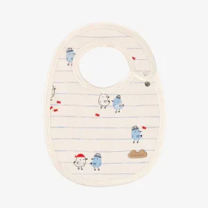 Bavoir crème à rayures bleues et motifs, naissance || Cream bib with blue stripes and all over print, newborn
