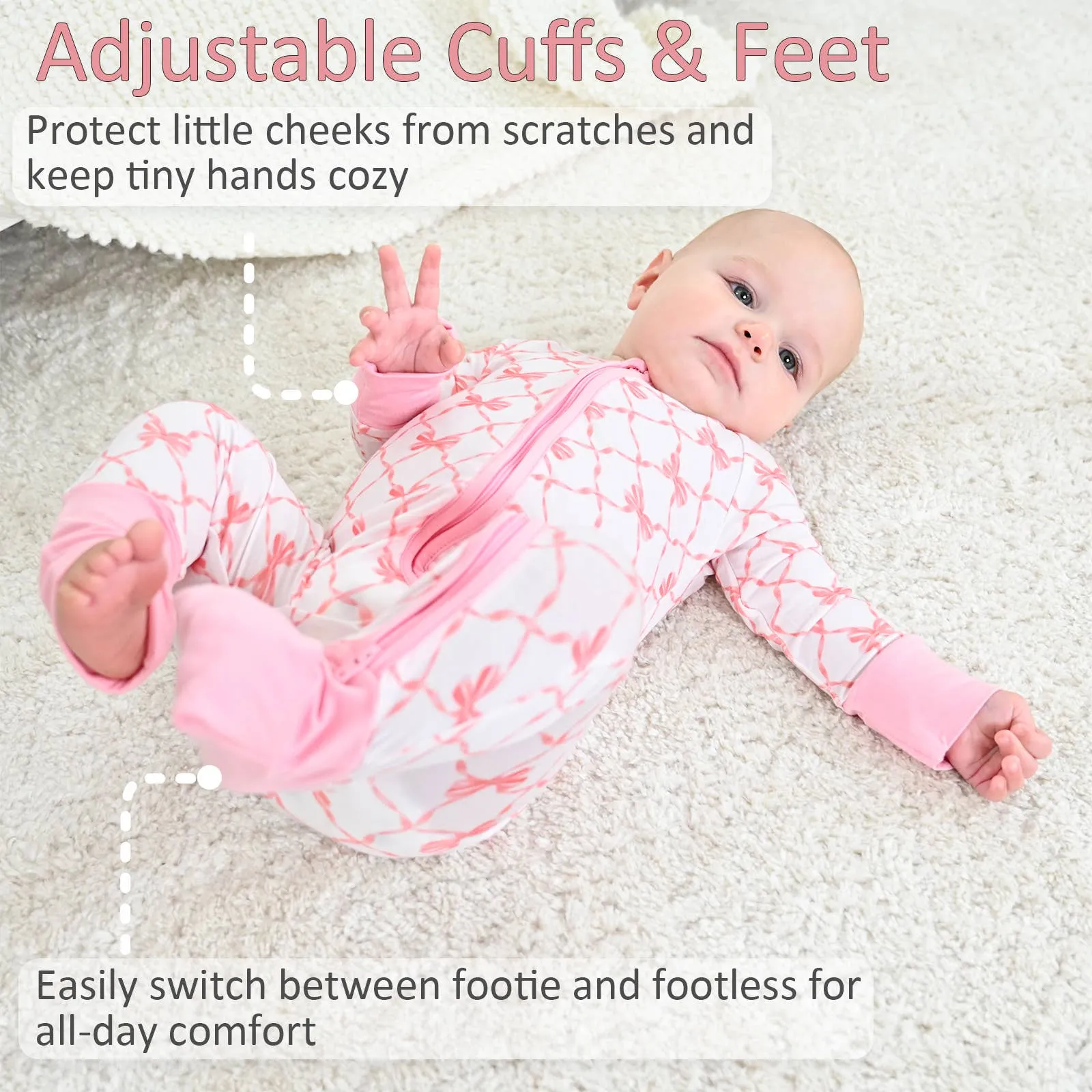 Beautiful Bows Baby Bamboo Pajamas, 2-Way Zipper Romper
