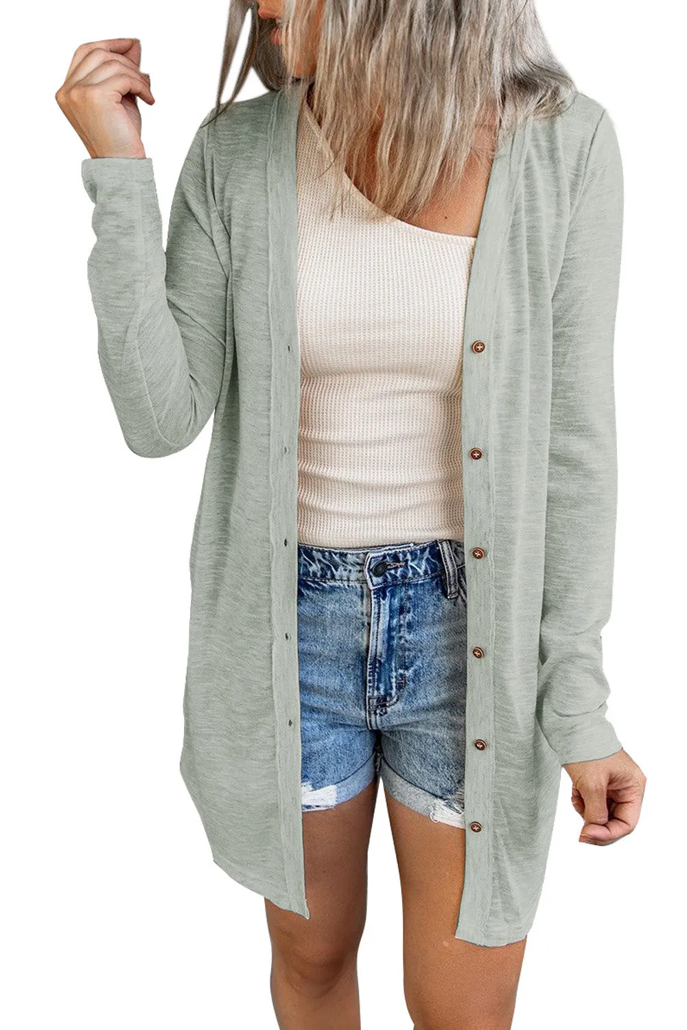 Beige Solid Color Open-Front Buttons Cardigan