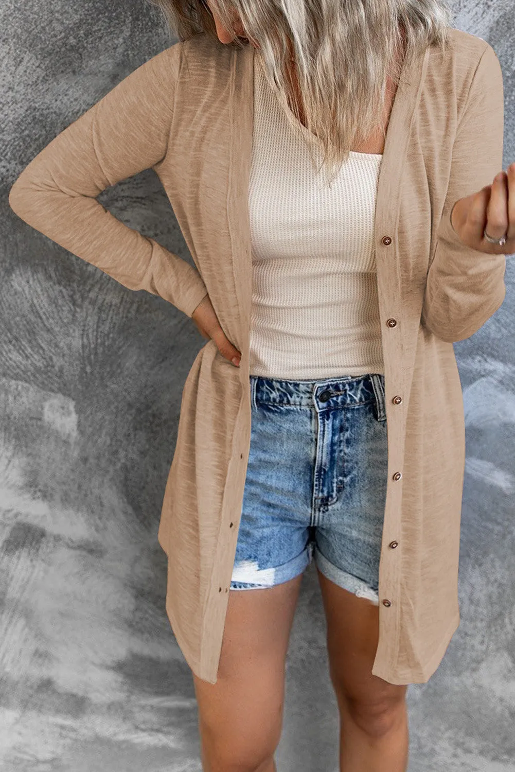Beige Solid Color Open-Front Buttons Cardigan