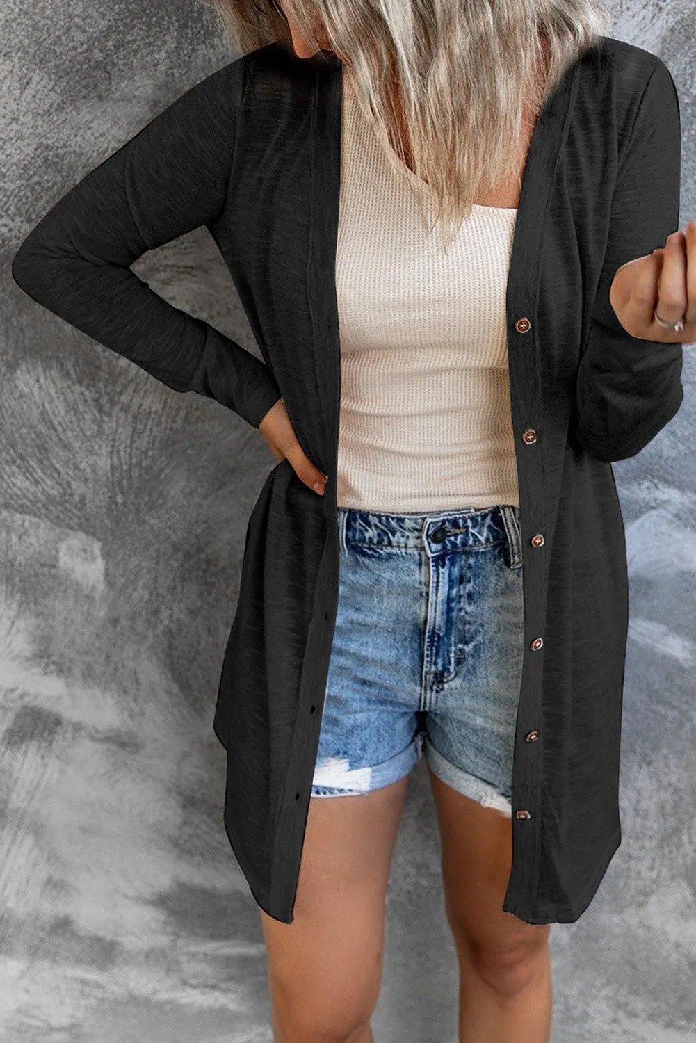 Beige Solid Color Open-Front Buttons Cardigan