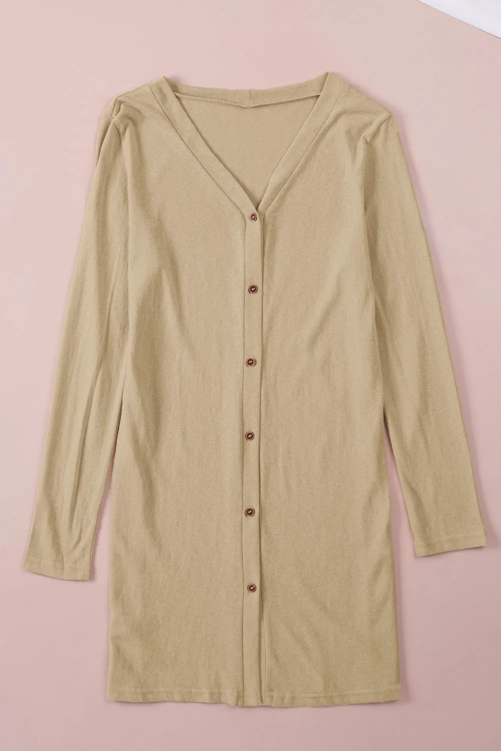 Beige Solid Color Open-Front Buttons Cardigan