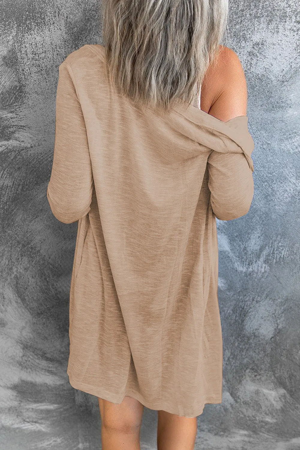 Beige Solid Color Open-Front Buttons Cardigan
