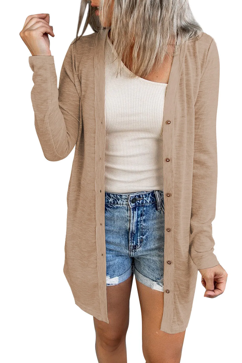 Beige Solid Color Open-Front Buttons Cardigan
