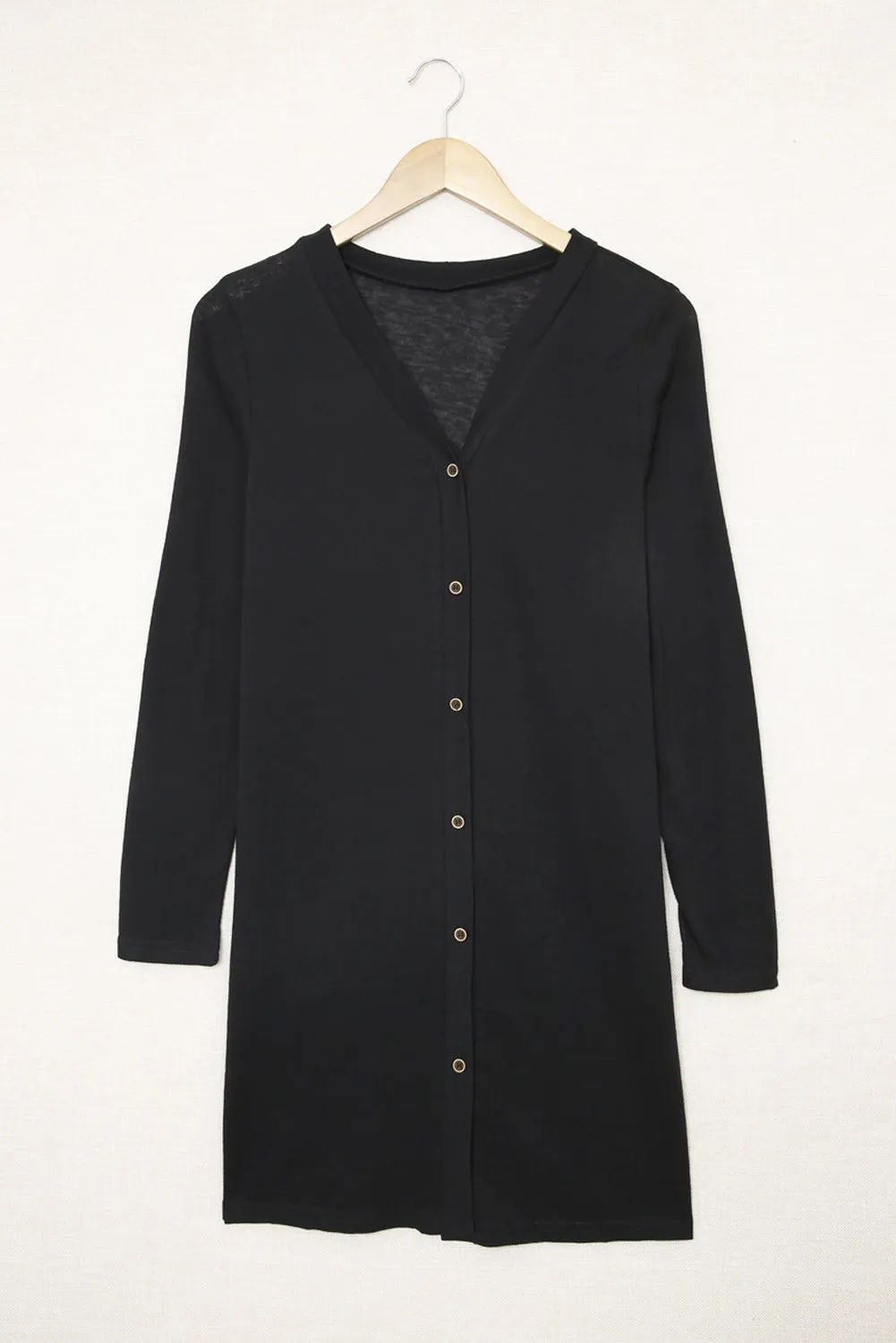 Beige Solid Color Open-Front Buttons Cardigan