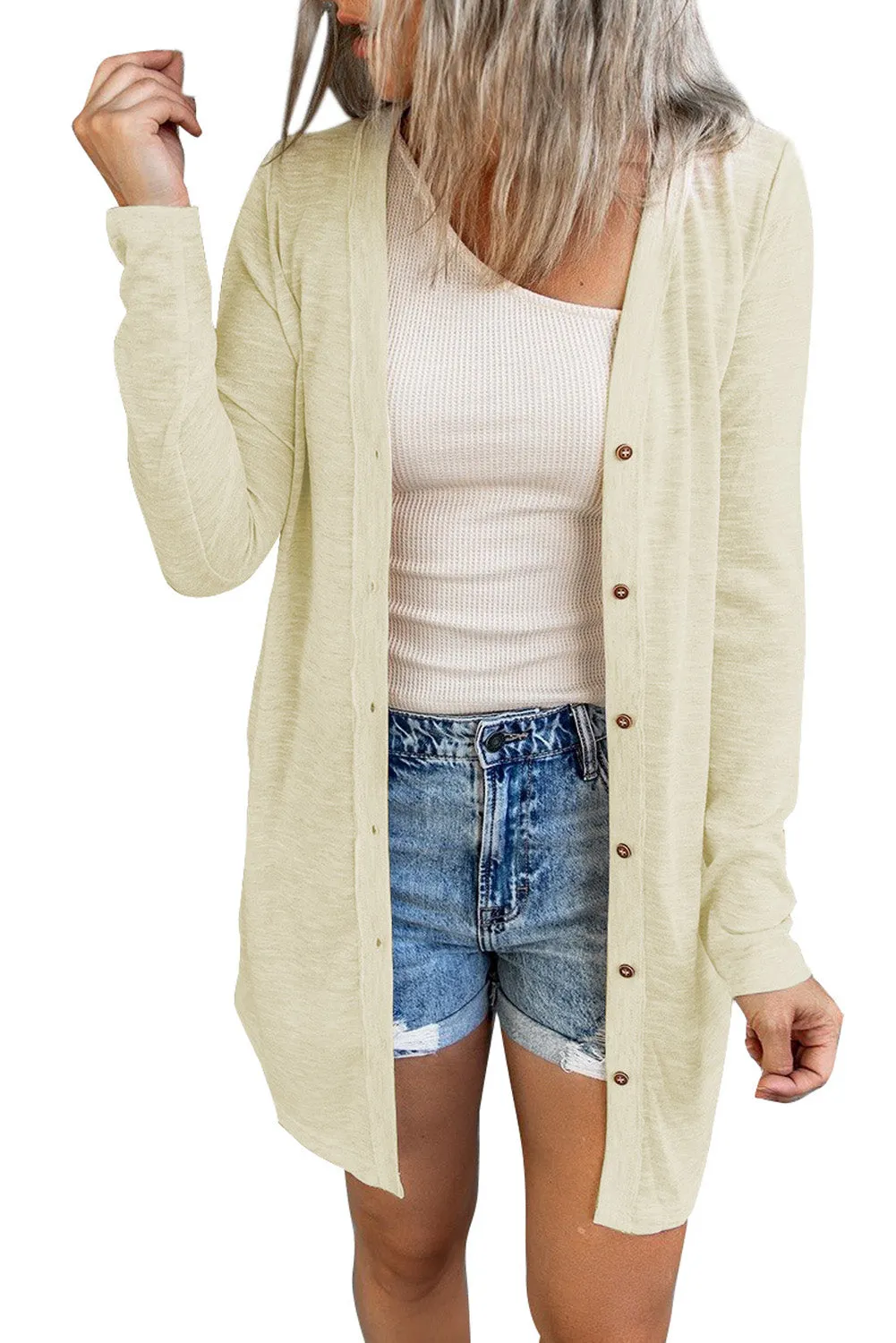 Beige Solid Color Open-Front Buttons Cardigan