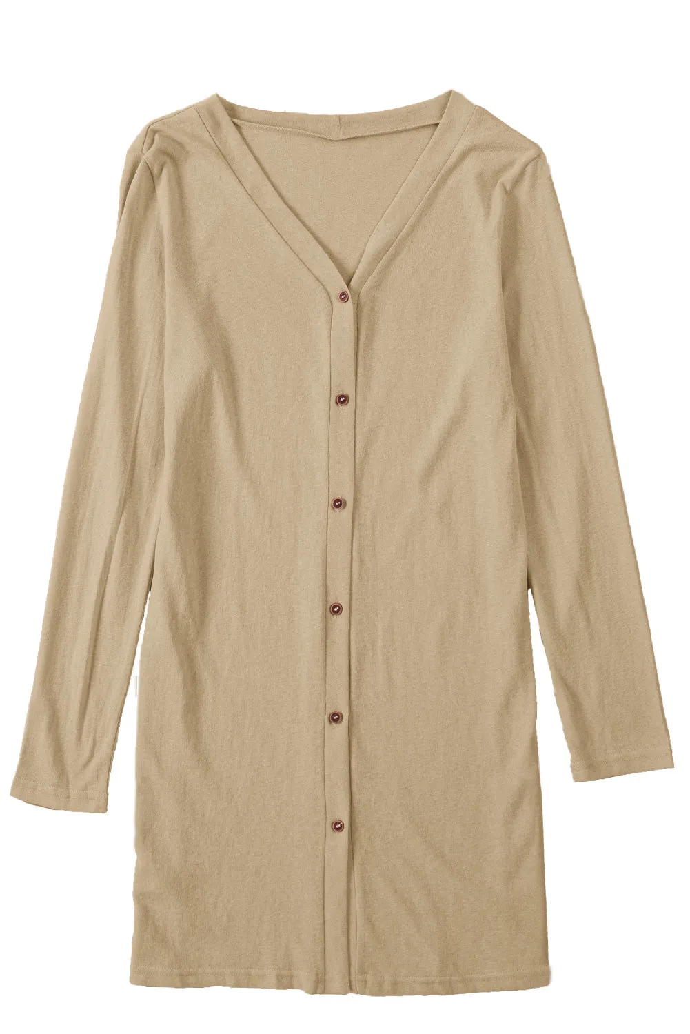 Beige Solid Color Open-Front Buttons Cardigan