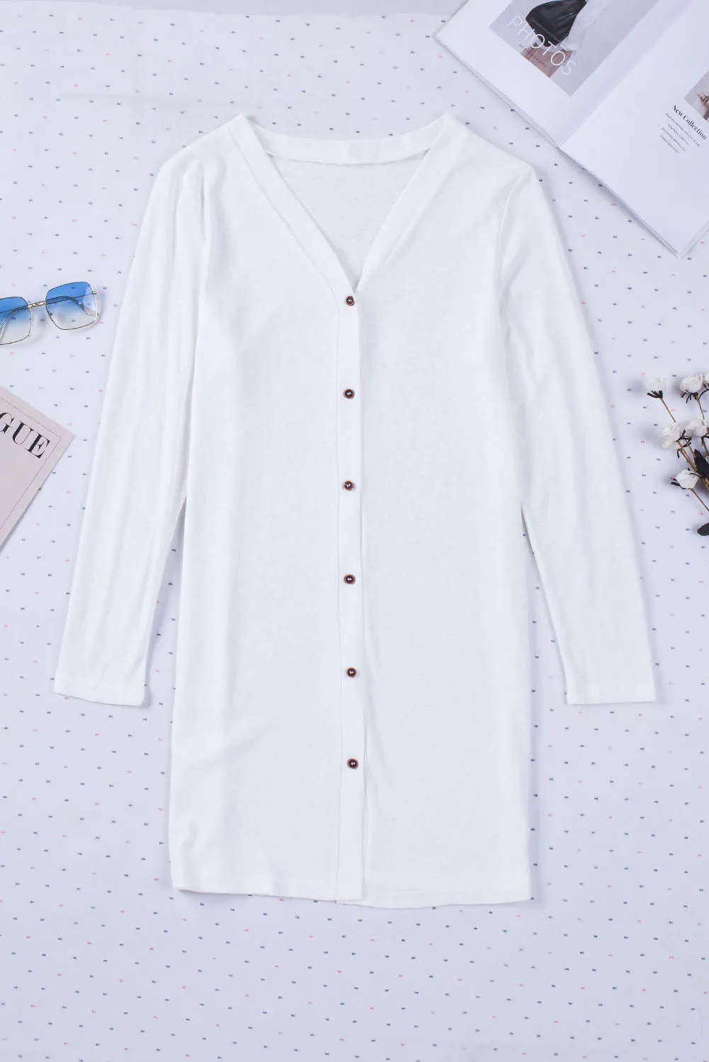 Beige Solid Color Open-Front Buttons Cardigan