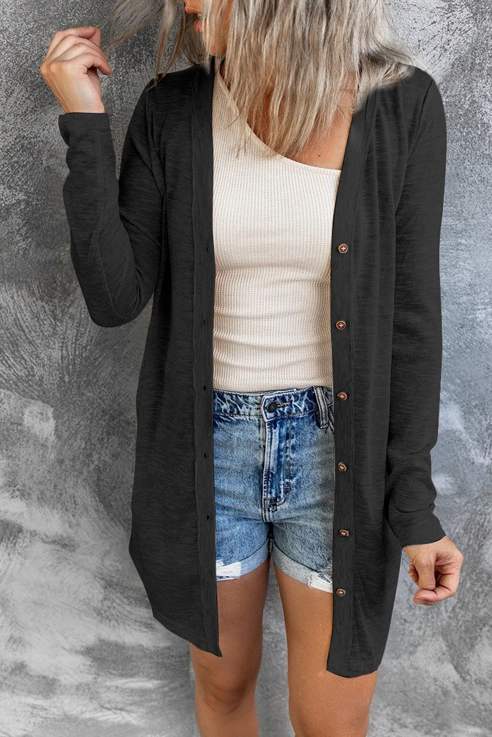 Beige Solid Color Open-Front Buttons Cardigan