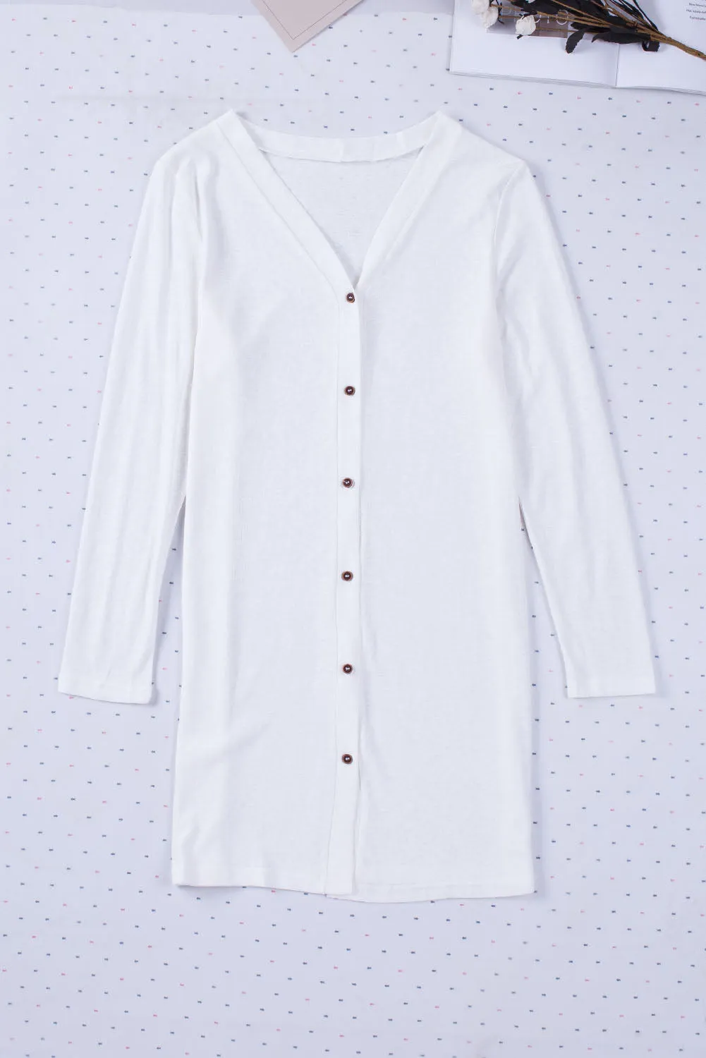 Beige Solid Color Open-Front Buttons Cardigan