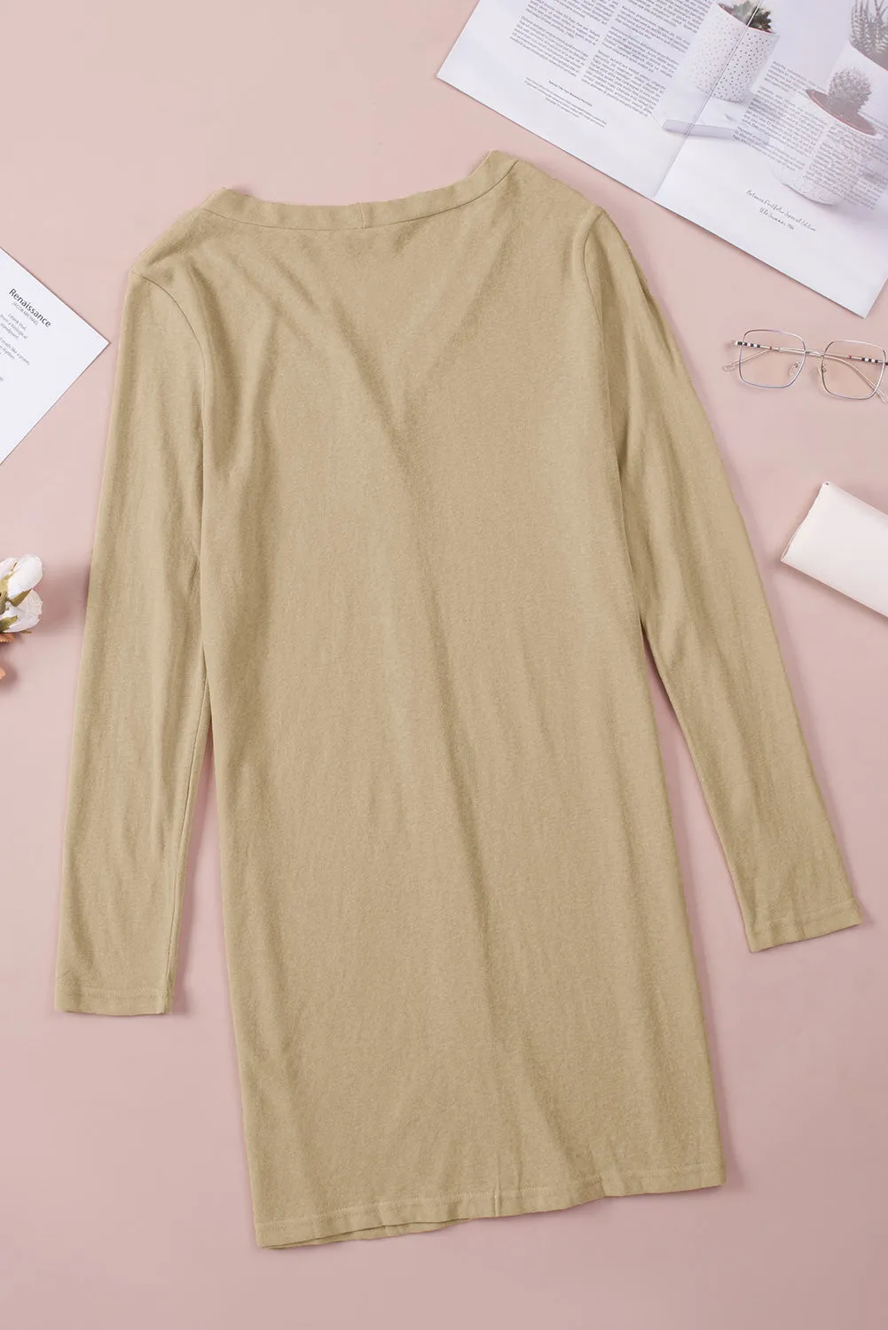Beige Solid Color Open-Front Buttons Cardigan