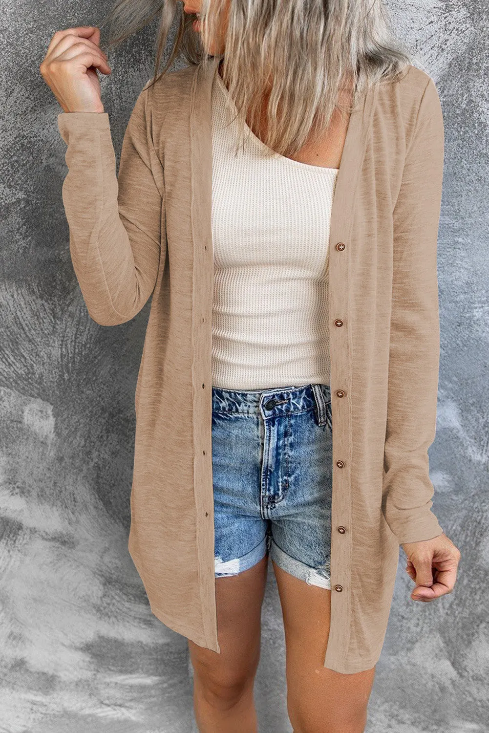 Beige Solid Color Open-Front Buttons Cardigan