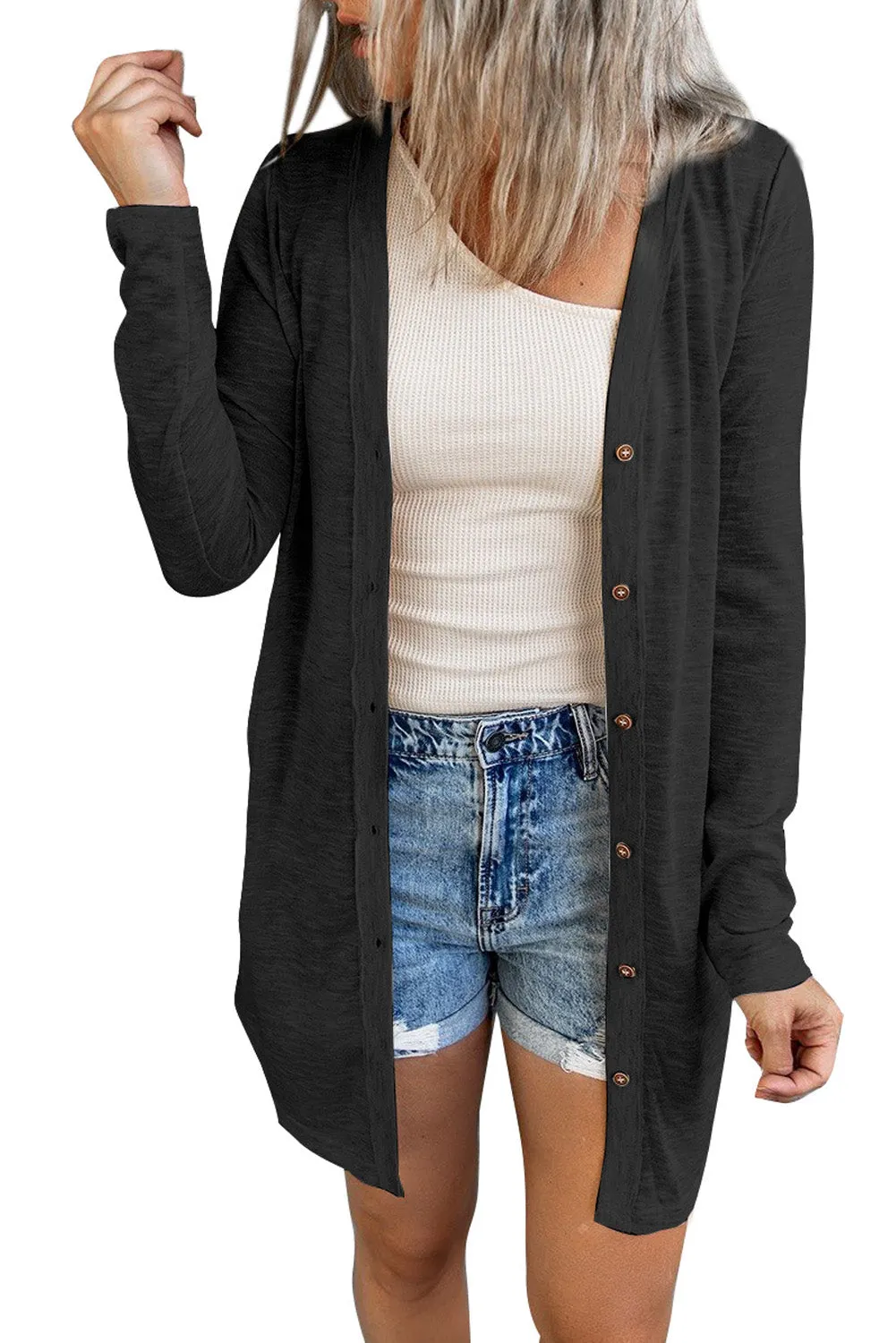 Beige Solid Color Open-Front Buttons Cardigan
