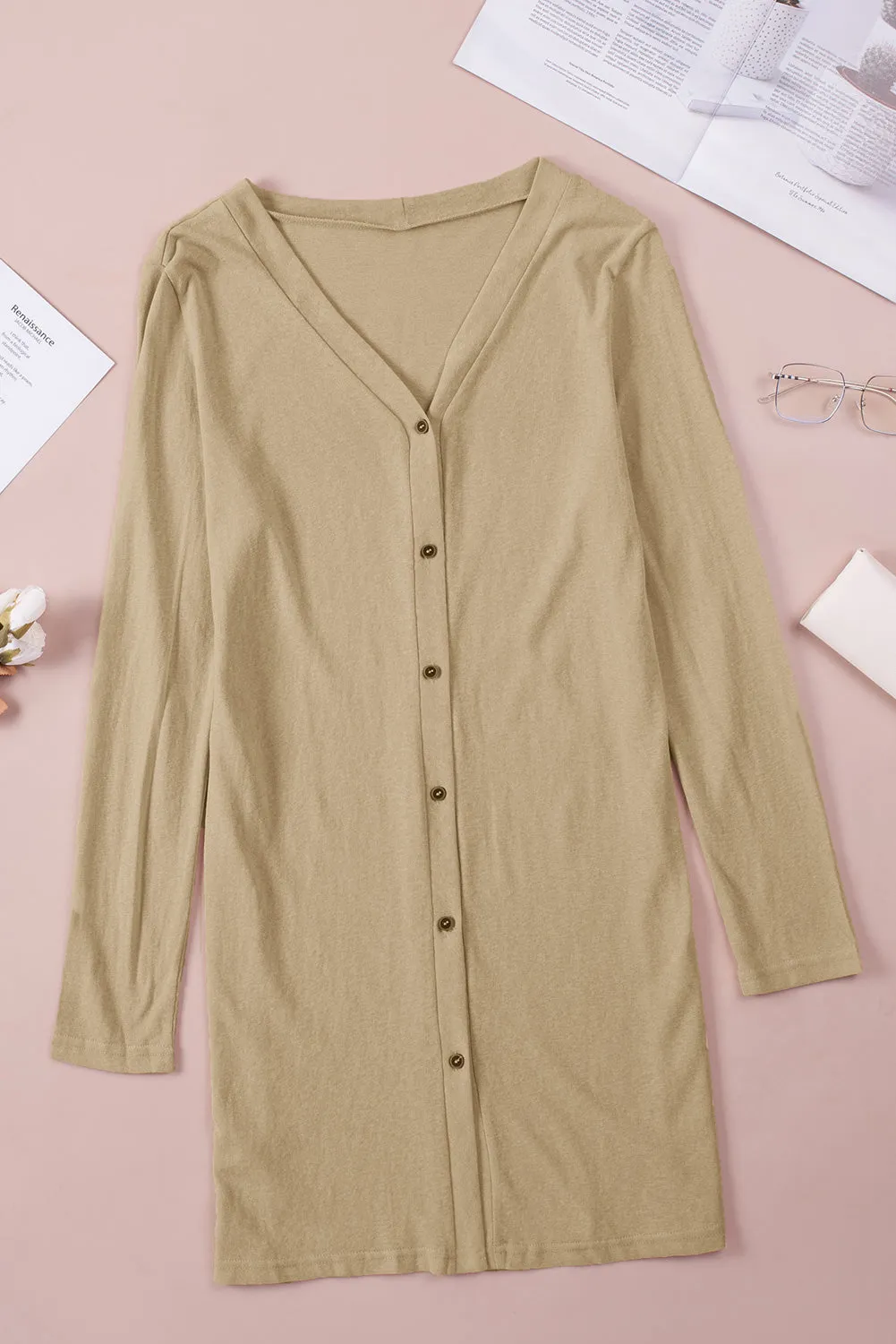 Beige Solid Color Open-Front Buttons Cardigan