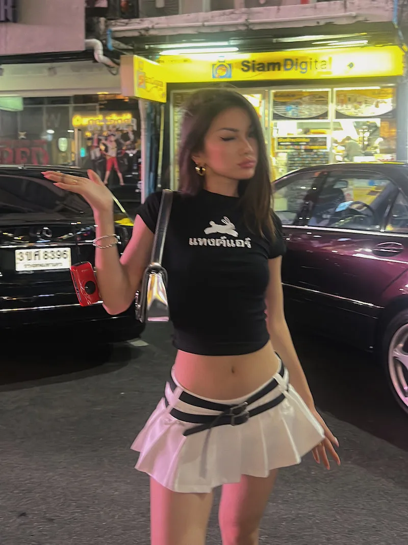Bezilla Solid Color Low Rise Double Belt Pleated Mini Skirt