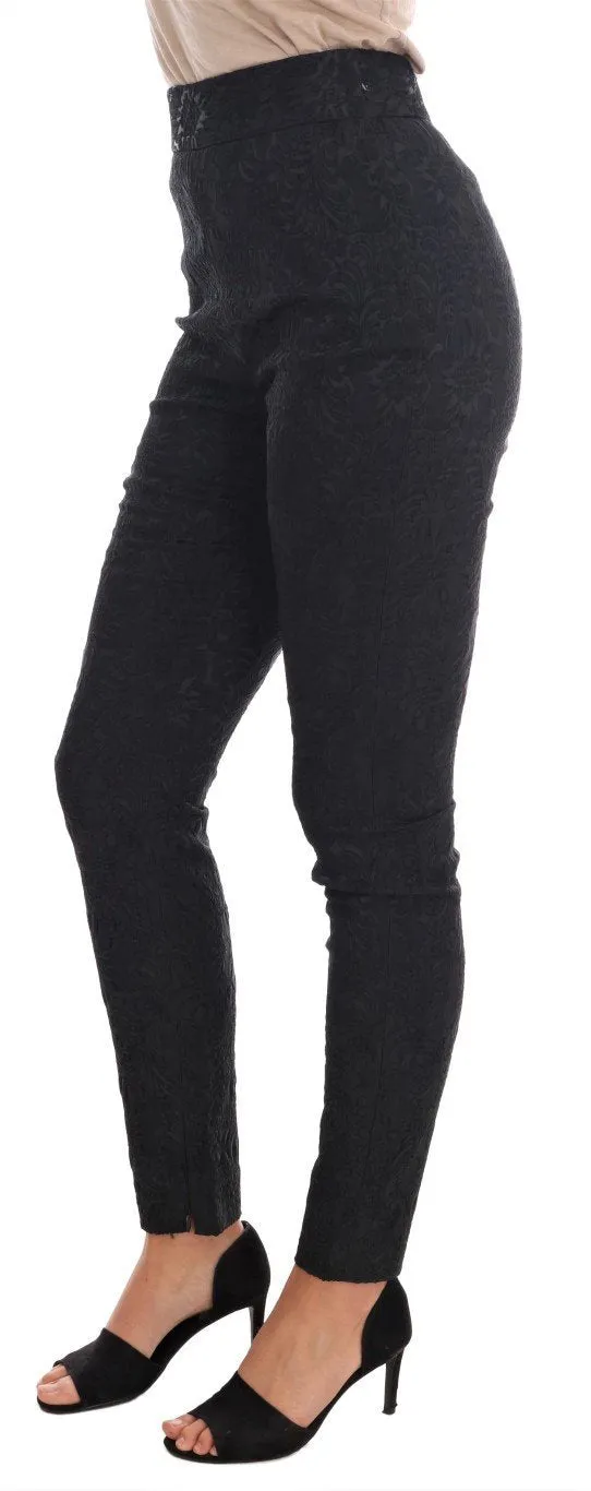 Black Floral Brocade High Waist Pants