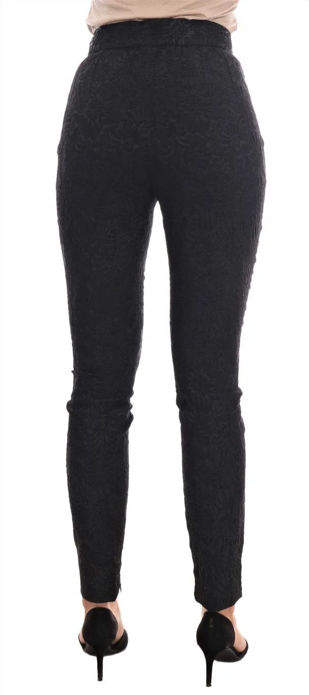 Black Floral Brocade High Waist Pants
