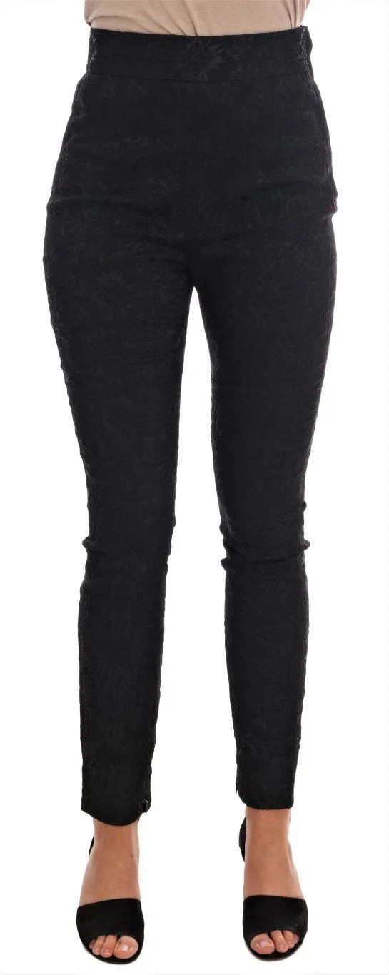 Black Floral Brocade High Waist Pants
