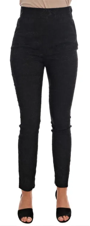 Black Floral Brocade High Waist Pants