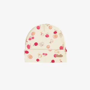 Bonnet crème avec motif de cerises en tricot côtelé de coton biologique, naissance || Cream bonnet with cherries print in ribbed knit organic cotton, newborn