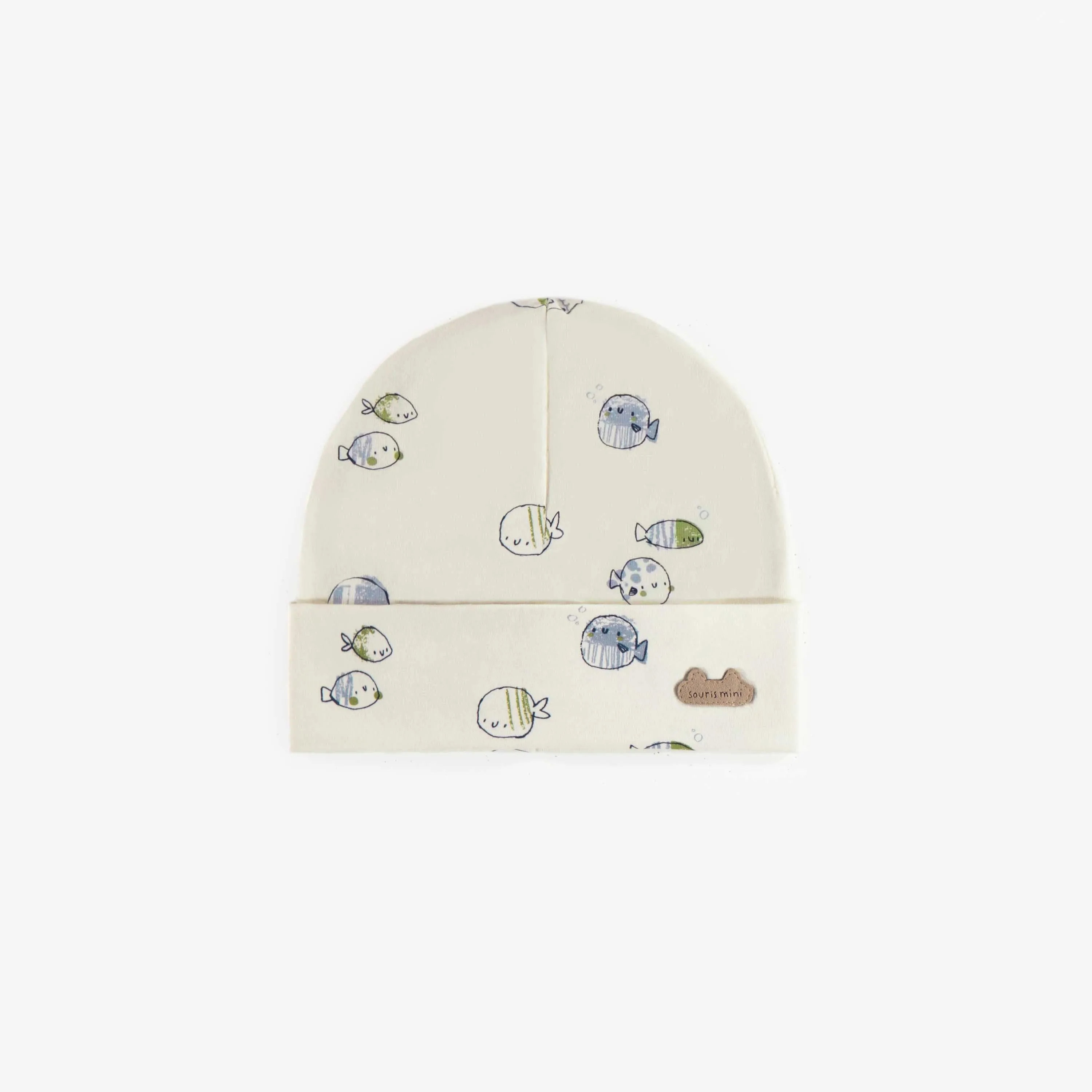 Bonnet crème à motif de poissons bleus et verts en coton biologique, naissance || Cream hat with blue and green fish print in organic cotton, newborn