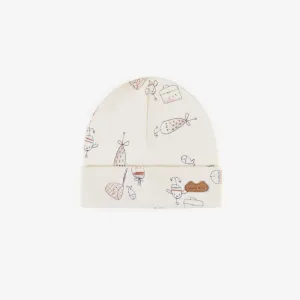 Bonnet crème à motifs en coton biologique extensible, naissance || Cream patterned hat in stretch organic cotton, newborn