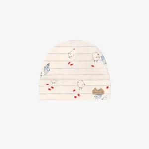 Bonnet crème à rayures bleues et motifs, naissance || Cream hat with blue stripes and all over print, newborn
