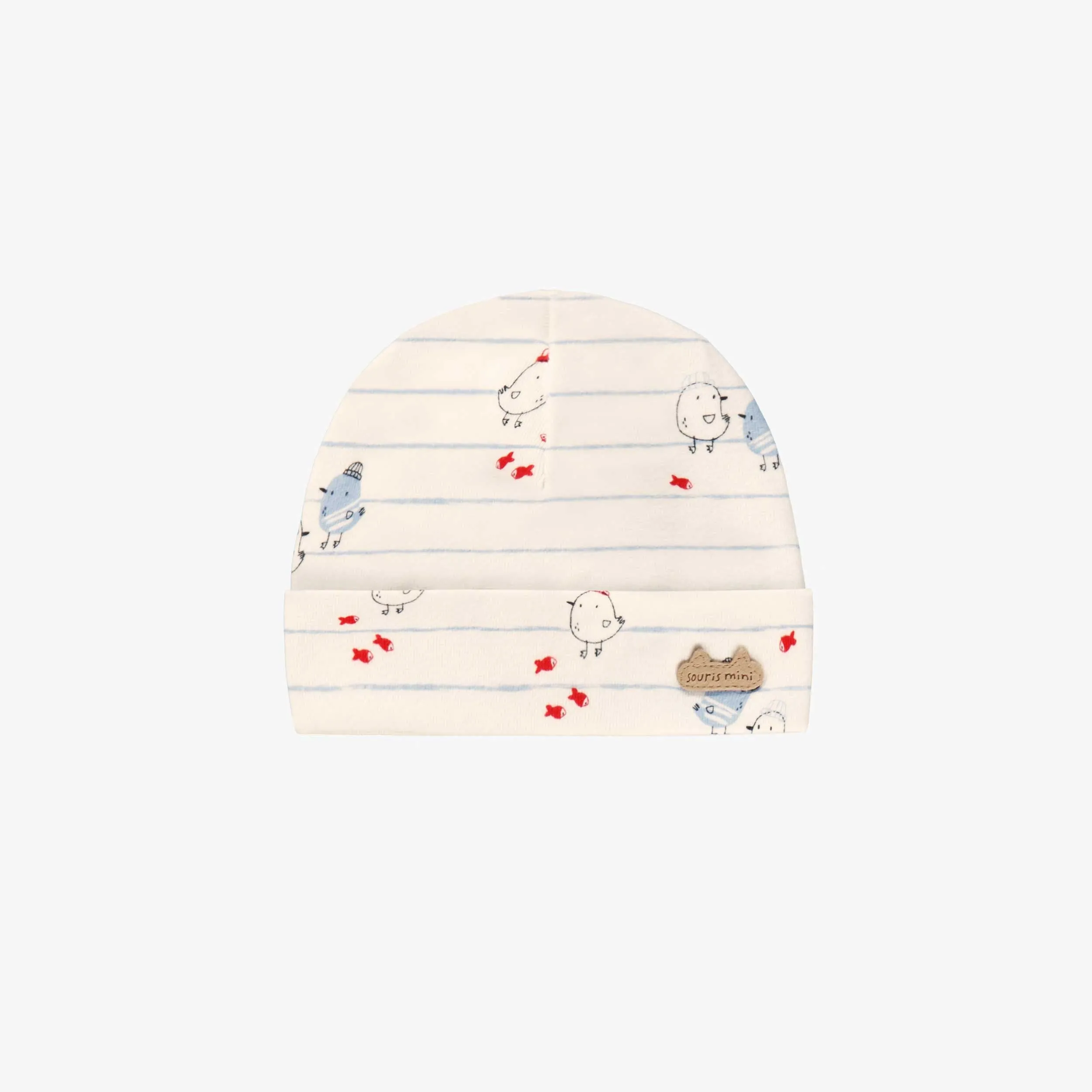 Bonnet crème à rayures bleues et motifs, naissance || Cream hat with blue stripes and all over print, newborn