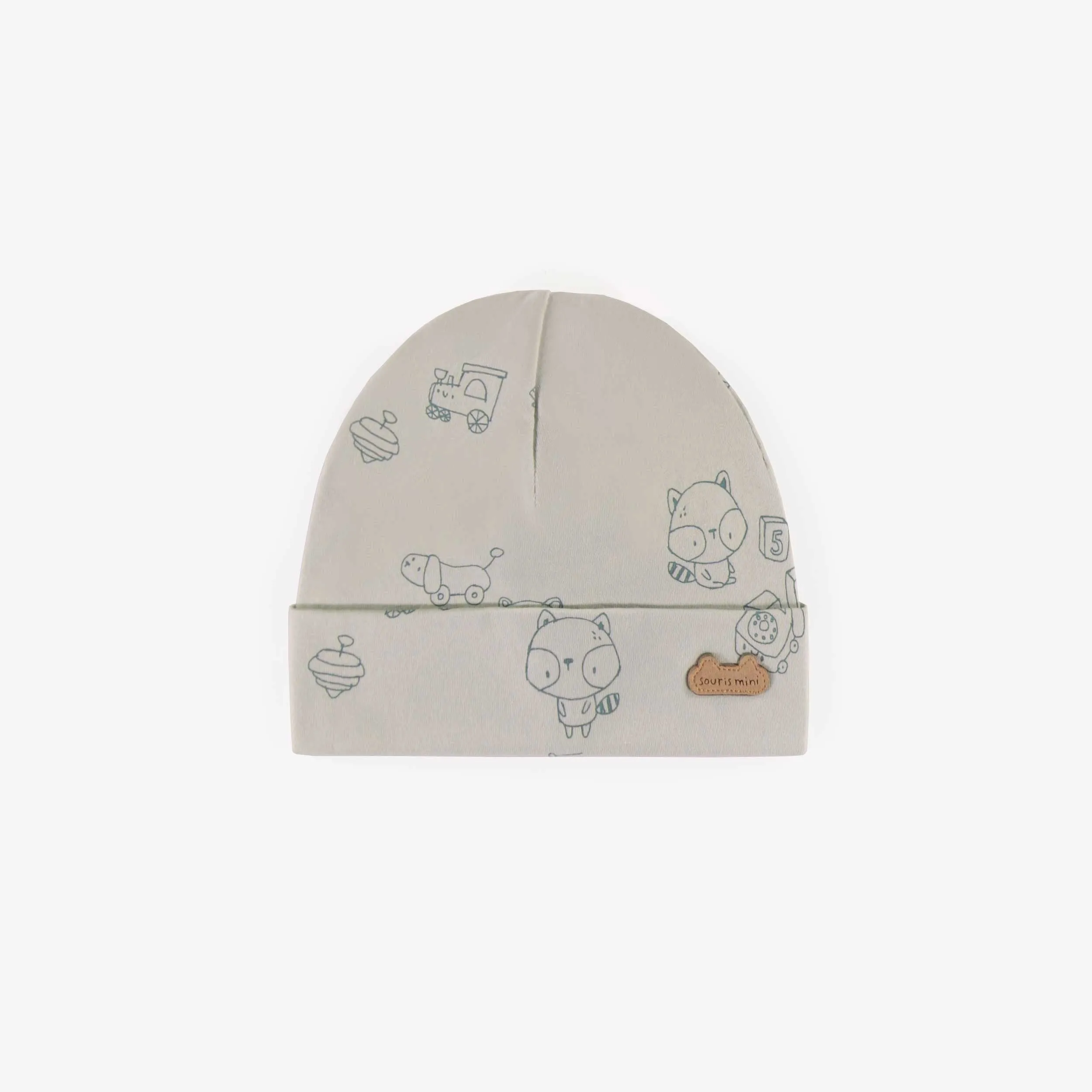 Bonnet gris à motifs en coton biologique, naissance || Gray patterned hat in organic cotton, newborn