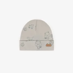 Bonnet gris à motifs en coton biologique, naissance || Gray patterned hat in organic cotton, newborn
