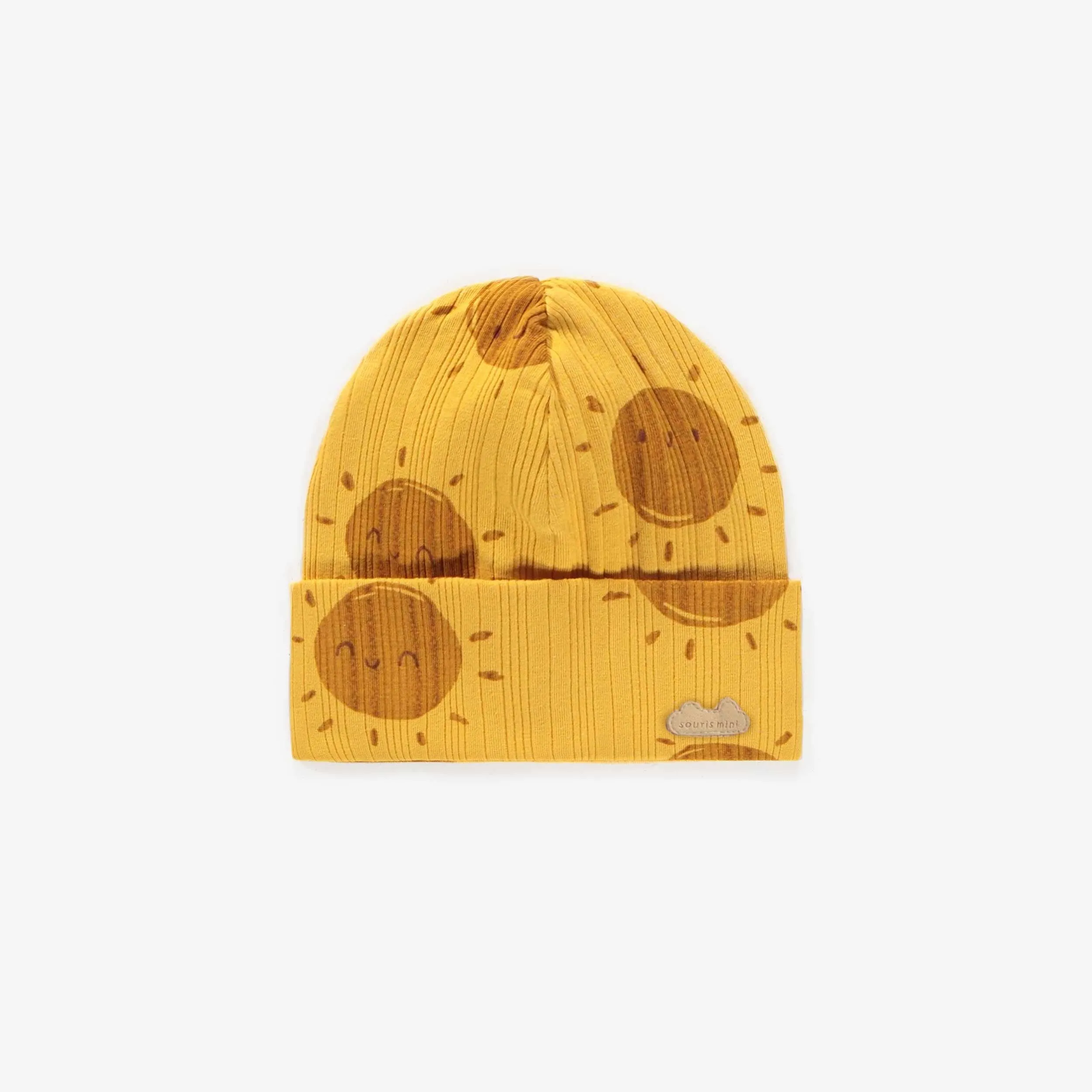 Bonnet jaune à motifs en coton, naissance || Yellow patterned hat in cotton, newborn