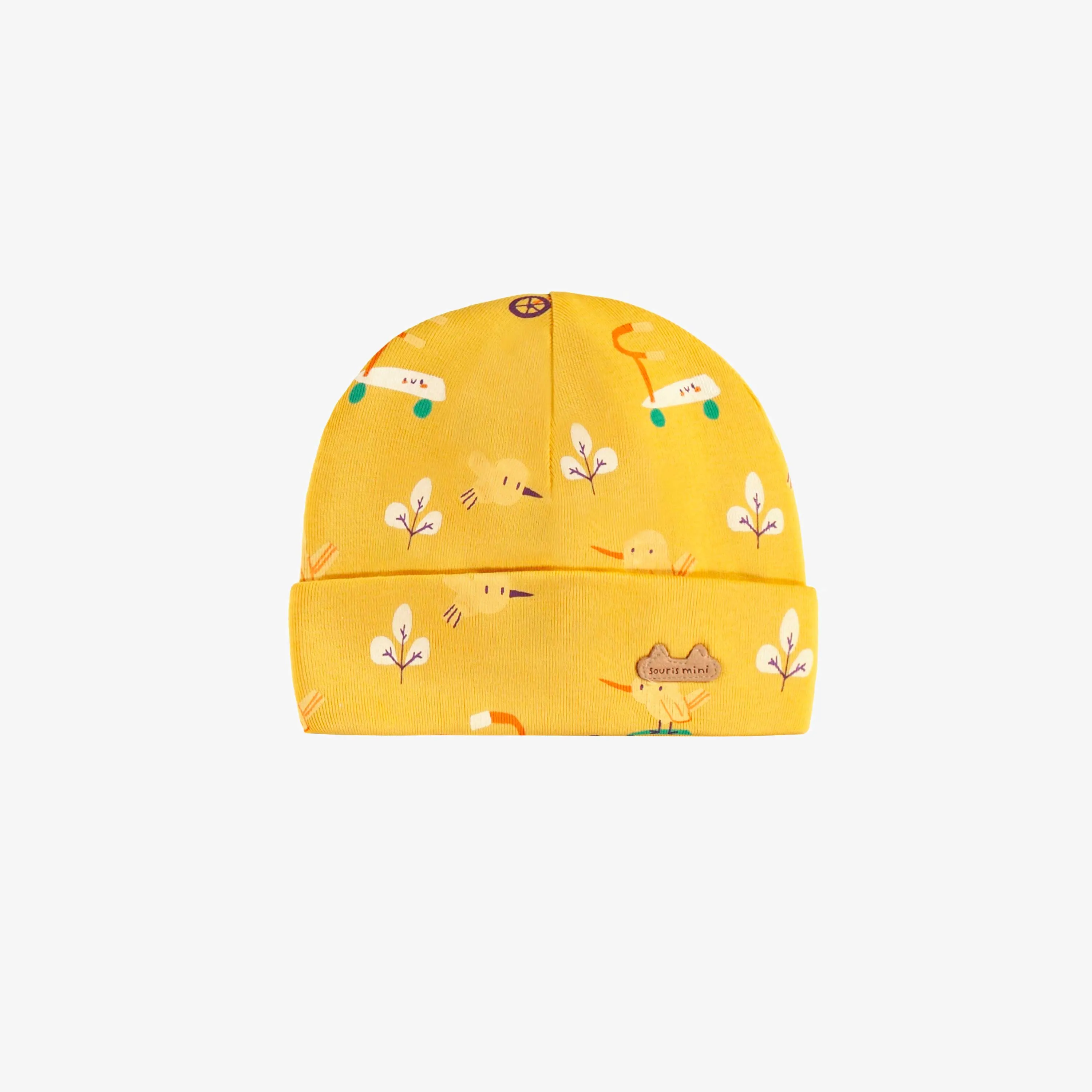 Bonnet jaune à motifs, naissance||Yellow hat with all over prints, newborn