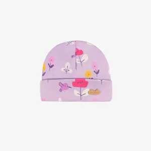 Bonnet mauve à motifs, naissance||Purple hat with all over print, newborn