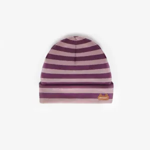 Bonnet mauve à rayure en coton biologique, naissance || Purple striped hat in organic cotton, newborn