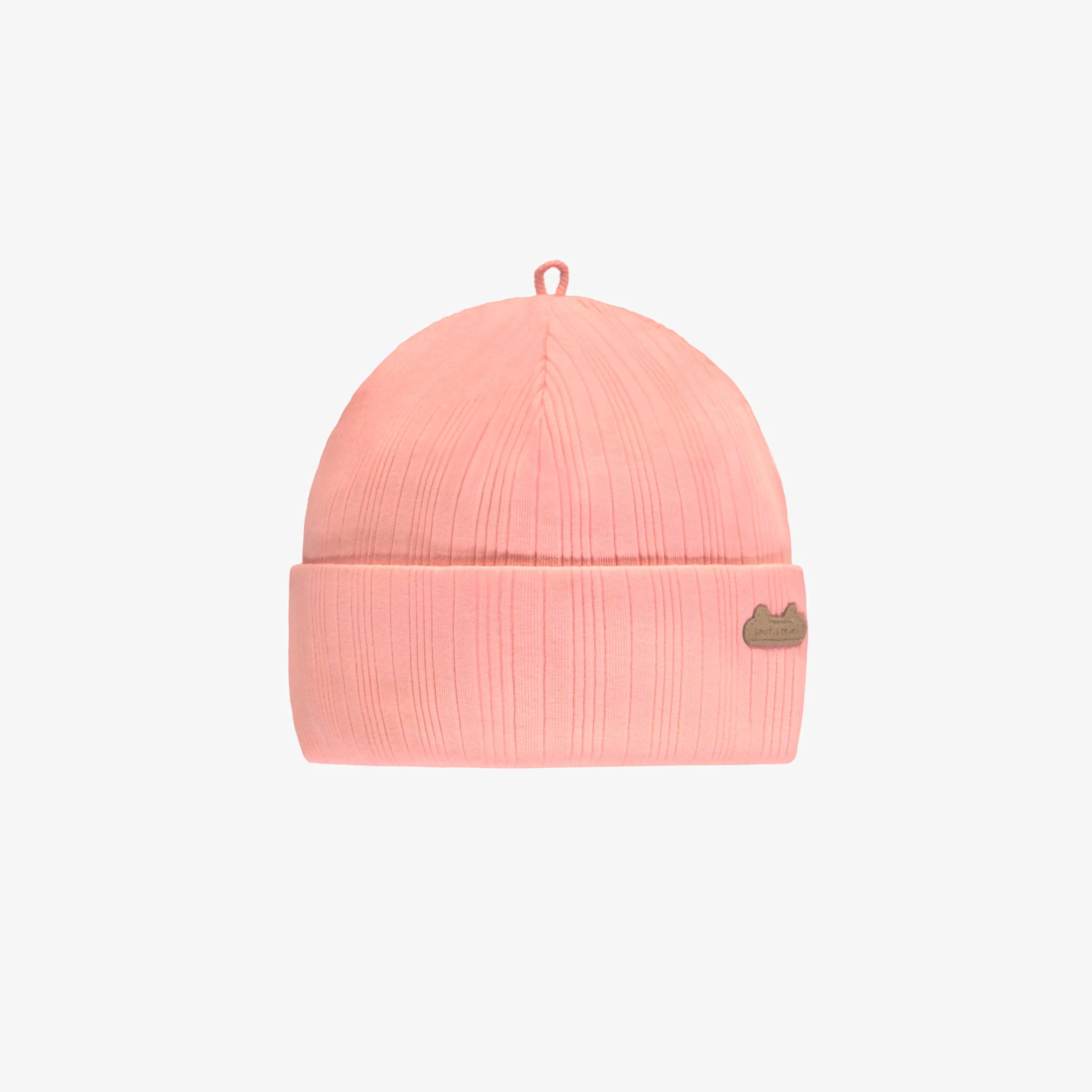 Bonnet rose en tricot côtelé irrégulier, naissance || Pink hat in irregular rib knit, newborn