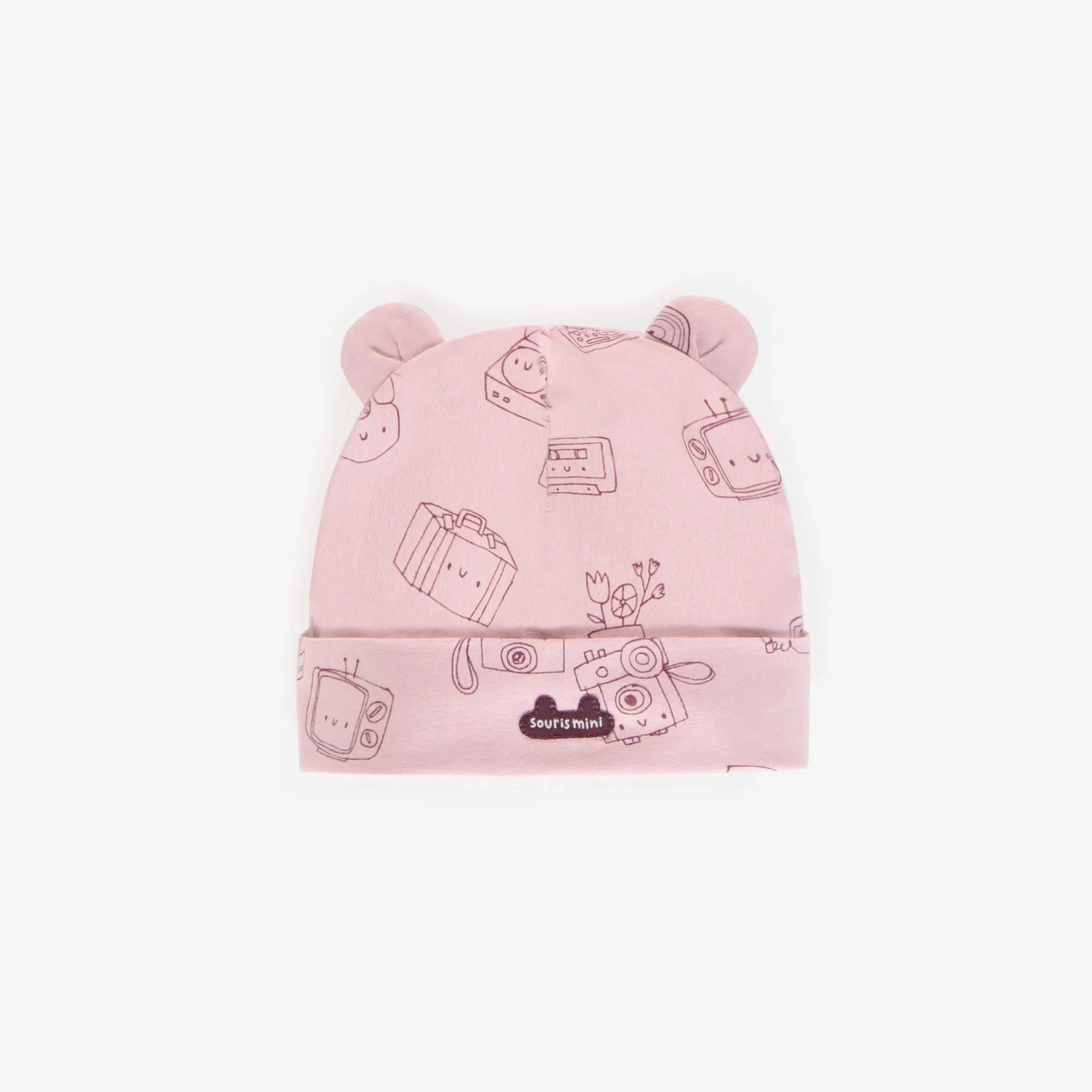 Bonnet rose à motifs en coton biologique extensible, naissance || Pink patterned bonnet in stretch organic cotton, newborn