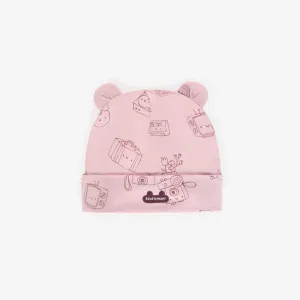 Bonnet rose à motifs en coton biologique extensible, naissance || Pink patterned bonnet in stretch organic cotton, newborn