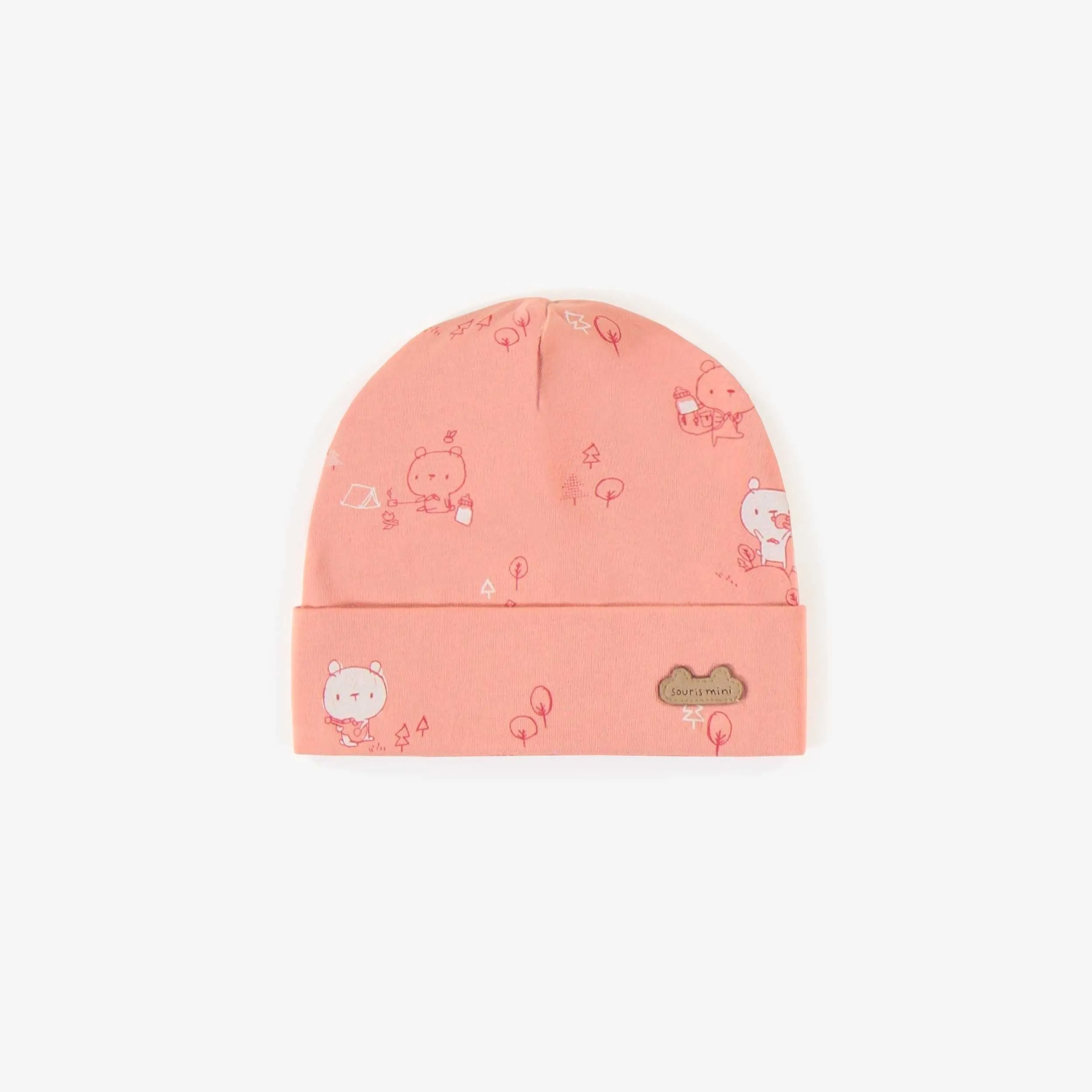 Bonnet rose à motifs en coton biologique, naissance || Pink patterned hat in organic cotton, newborn