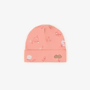 Bonnet rose à motifs en coton biologique, naissance || Pink patterned hat in organic cotton, newborn