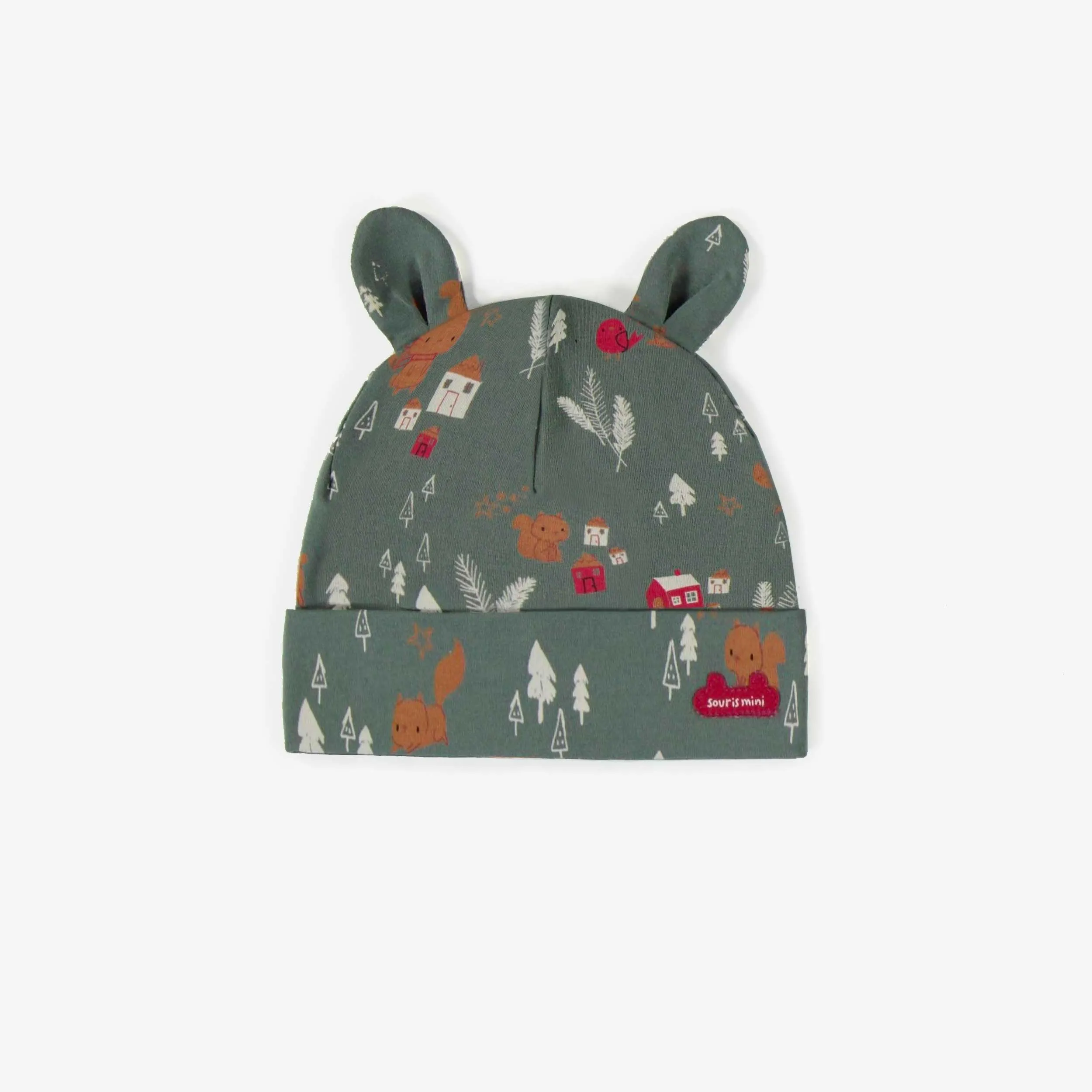 Bonnet vert à motifs en coton biologique, naissance || Green patterned beanie in organic cotton, newborn
